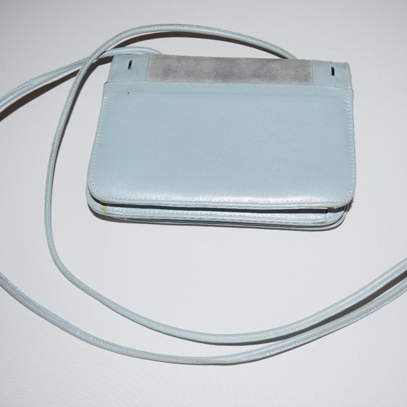 Donald J Pliner Blue Gray Suede Leather Signature Butterfly Purse Bag Crossbody - Picture 2 of 5